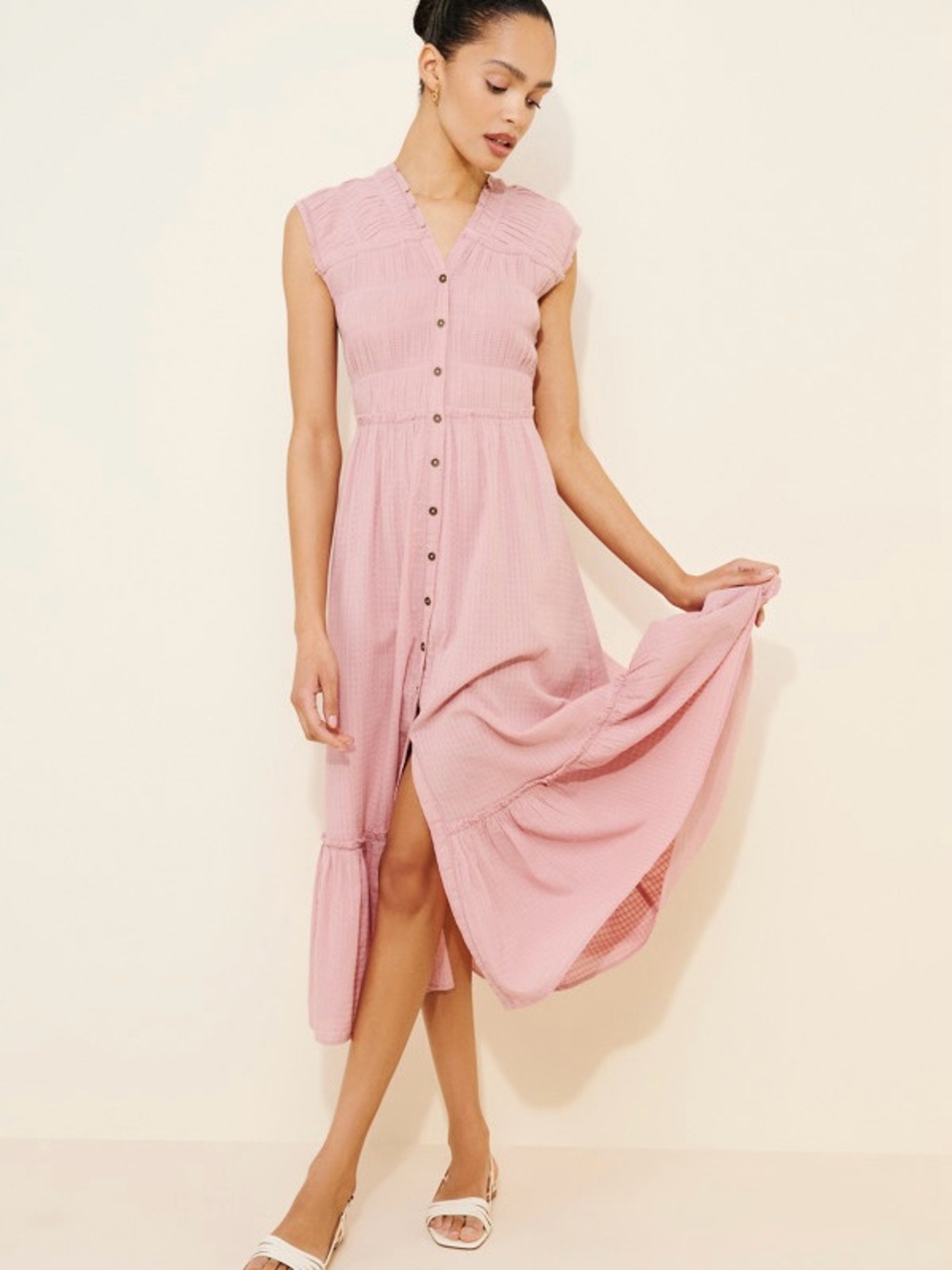 Free People Desert Dazed Midi Dress Button Front Sleeveless Smocked Pink Sz XS